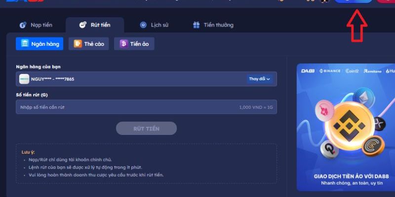 Yêu cầu xác thực tài khoản trước khi rút tiền DA88